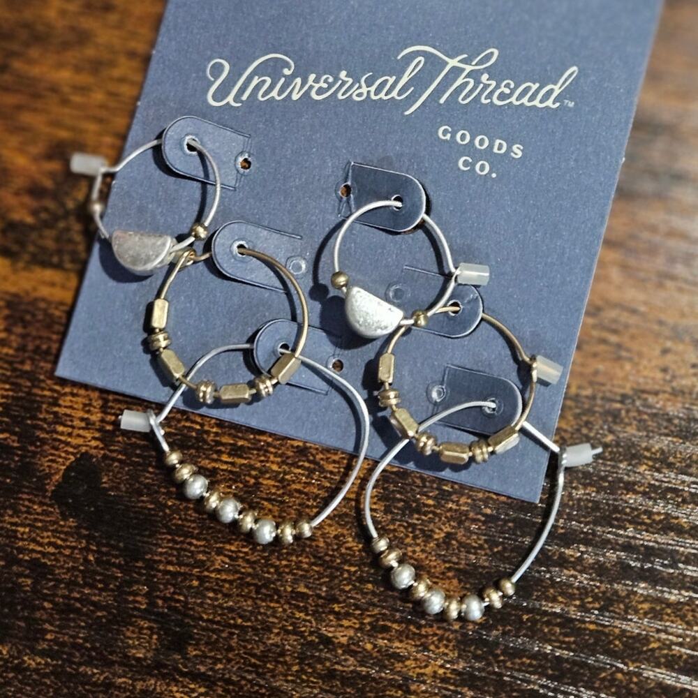 Universal Thread Boho Style Mixed Metal Beaded Hoop Set ~ Nickel Free ~ 3 Pairs